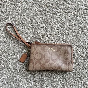 Coach Brown Signature Canvas Wristlet with Leather Trim